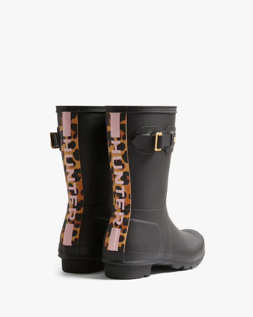 Hunter Women's black leopard print backstrap short wellington boot